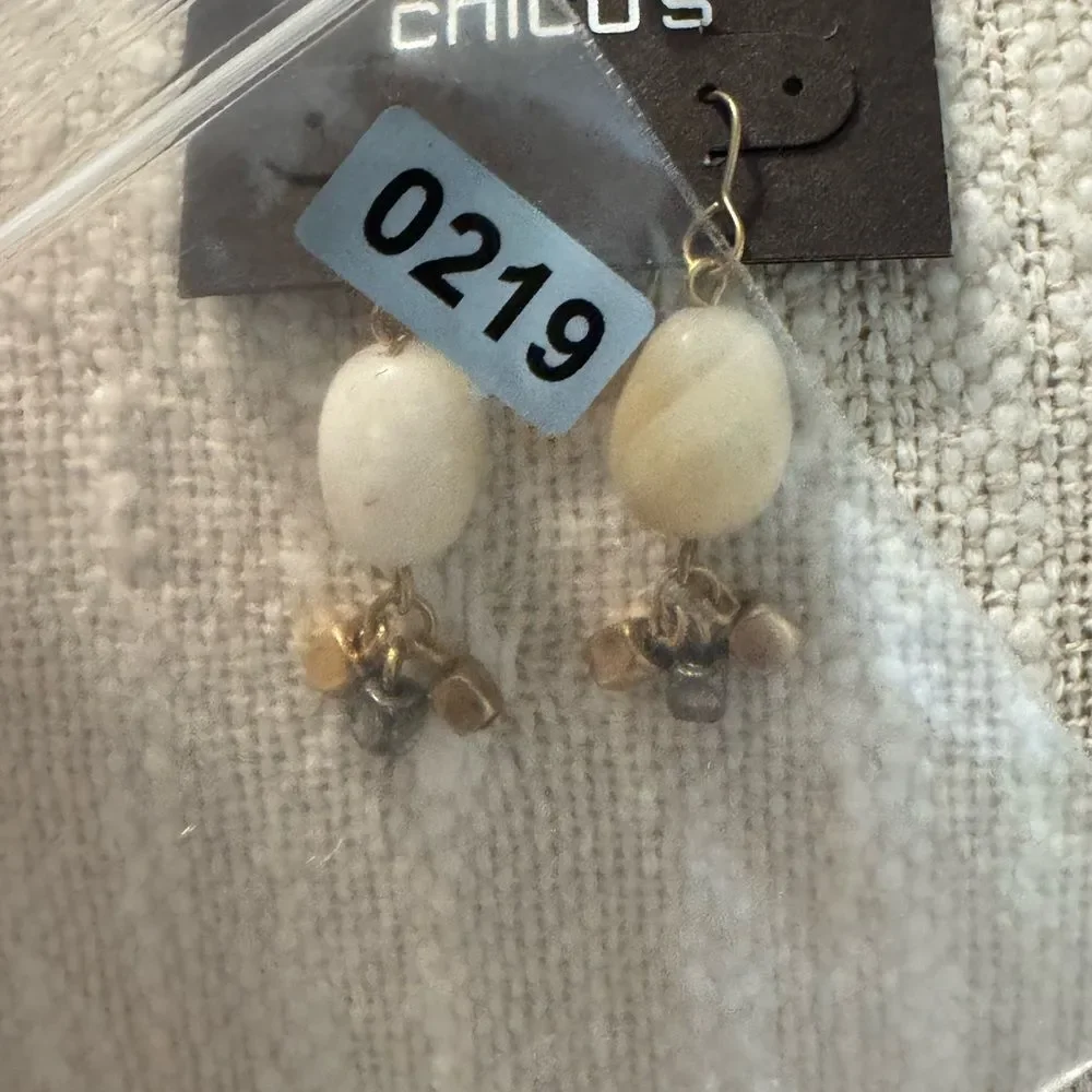 0219-Chico's Gold and Cream Dangle Earrings